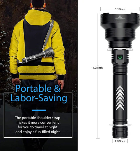 Man in yellow jacket carrying 99,000 Lumen Rechargeable Flashlight 2 Pack With 7 Modes LED IPX7 Waterproof; flashlight dimensions shown.