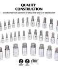All-In-One Hex Socket Master Set 33 Piece With 1/4 3/8 1/2 Inch Drive Sockets SAE And Metric Allen Bits in arranged layout