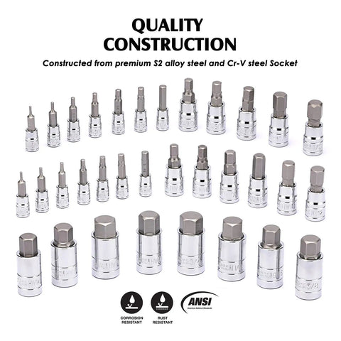 All-In-One Hex Socket Master Set 33 Piece With 1/4 3/8 1/2 Inch Drive Sockets SAE And Metric Allen Bits in arranged layout