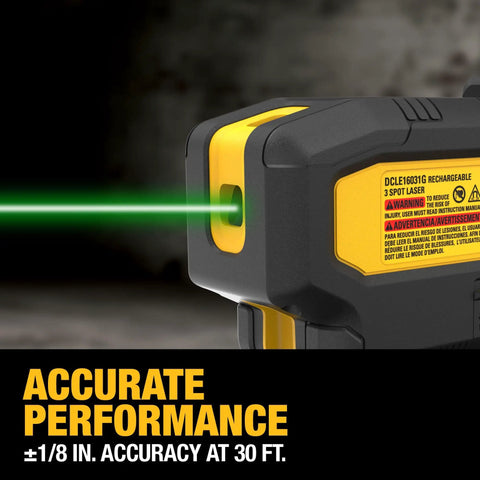 Green 3 Spot Self Leveling Laser Level Kit Pro Grade For DIY And Pros With USB Rechargeable Battery Includes USB Cable Mounting Base And Carry Case Long Range Up To 165 Feet And One Eighth Inch Accuracy At 33 Feet., side view showing green laser beam and accuracy text