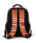 Back view of Unisex Flag And National Landmarks Printed Backpack showing straps and USA landmarks design, durable polyester.