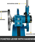 Heavy Duty 2 Ton Manual Arbor Press Desktop Punch Machine With Kickass Cast Iron Frame showing ratchet lever and handwheel.