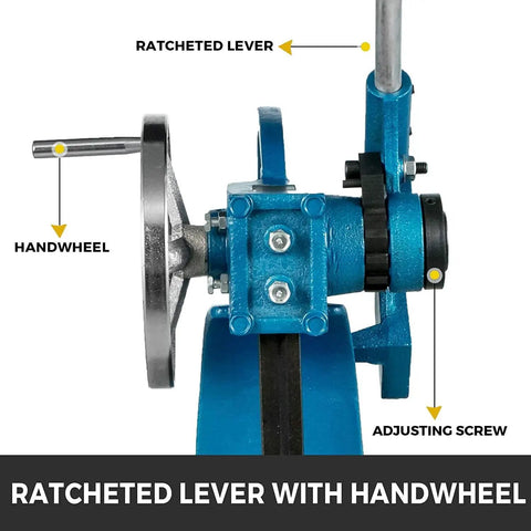 Heavy Duty 2 Ton Manual Arbor Press Desktop Punch Machine With Kickass Cast Iron Frame showing ratchet lever and handwheel.