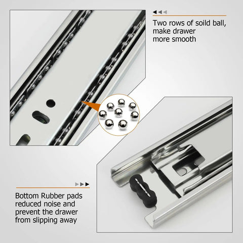 Slick 18 Inch Side Mount Drawer Slides One Pair Heavy Duty Zinc Plated Steel Bearings with solid balls for smooth glide.
