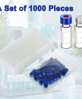 2ml Borosilicate Glass Autosampler Vials 1000 Pack With 9 425 Screw Tops For HPLC And GC Chromatography displayed with blue caps.