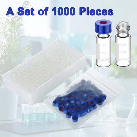 2ml Borosilicate Glass Autosampler Vials 1000 Pack With 9 425 Screw Tops For HPLC And GC Chromatography displayed with blue caps.