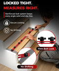Adjustable Stair Tread Template Tool Featuring Interchangeable Aluminum Slider Bars For Dead On Layouts and Hassle Free DIY Measurements in use on stairs.