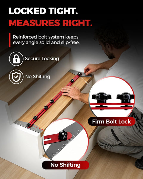 Adjustable Stair Tread Template Tool Featuring Interchangeable Aluminum Slider Bars For Dead On Layouts and Hassle Free DIY Measurements in use on stairs.