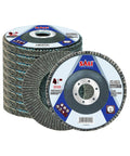 Premium Ten Pack 40 Grit Flap Disc For Angle Grinder 4.5 Inch By 7/8 Arbor Bevel Type 29 Premium Zirconia Grain in packaging.