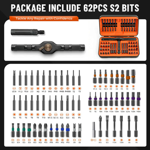 66 In 1 Magnetic Ratchet Screwdriver Set with S2 Steel Bits displayed with hex wrench and Allen key options.
