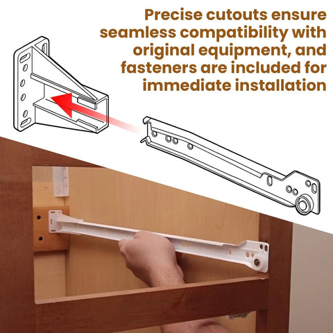 Smooth Sailing Kitchen Drawer Rail Bracket Replacement Set With Heavy Duty Nylon Side Track Brackets And Rear Backplate To Cure Janky Stuck Cabinet Slides In Crisp White Plastic, showing installation process.