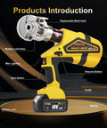 Heavy Duty Rechargeable Electric Wire Crimping Tool With Rotating Swivel Jaw And Complete Mold Kit Battery Powered Cable Lug Terminal Crimper showing features like battery and buttons.