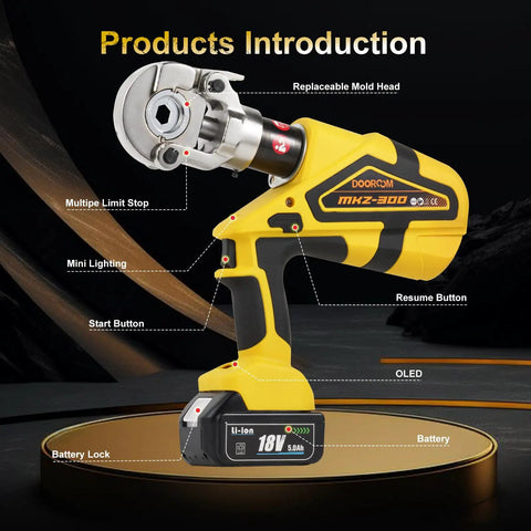 Heavy Duty Rechargeable Electric Wire Crimping Tool With Rotating Swivel Jaw And Complete Mold Kit Battery Powered Cable Lug Terminal Crimper showing features like battery and buttons.