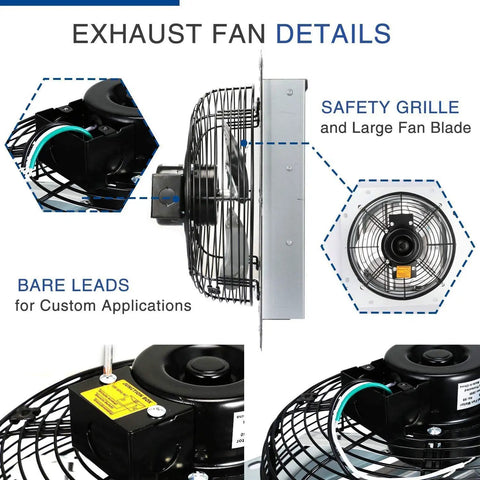 Side view of 12 Inch Wall Mounted Shutter Exhaust Fan With Temperature Controller And Power Cord Kit, Aluminum Louvers and Blades.