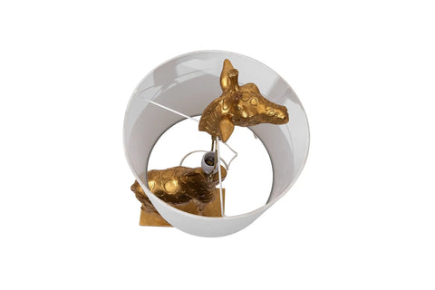Top view of Distressed Gold Giraffe Table Lamp With White Linen Shade, highlighting playful resin giraffe design and cord switch.