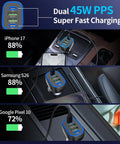 90W Four Port USB C Super Fast Car Charger With Dual PD Ports For iPhone And Android Phones charging an iPhone 17 and Samsung S26