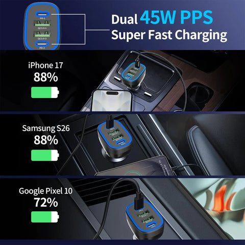90W Four Port USB C Super Fast Car Charger With Dual PD Ports For iPhone And Android Phones charging an iPhone 17 and Samsung S26