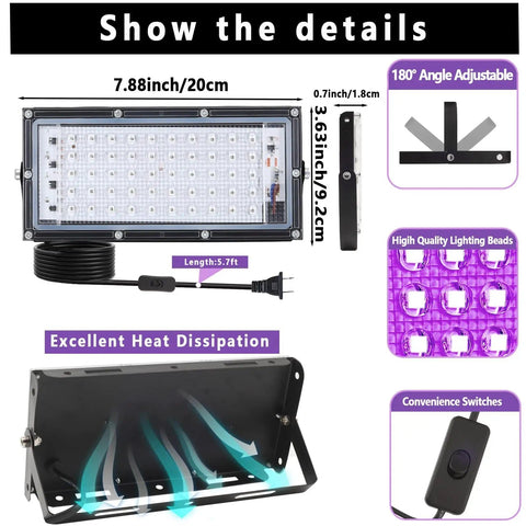 Dope UV Resin Curing Light For 3D Printers With 360 Degree Rotating Turntable And 48 405nm LEDs, showing dimensions and features