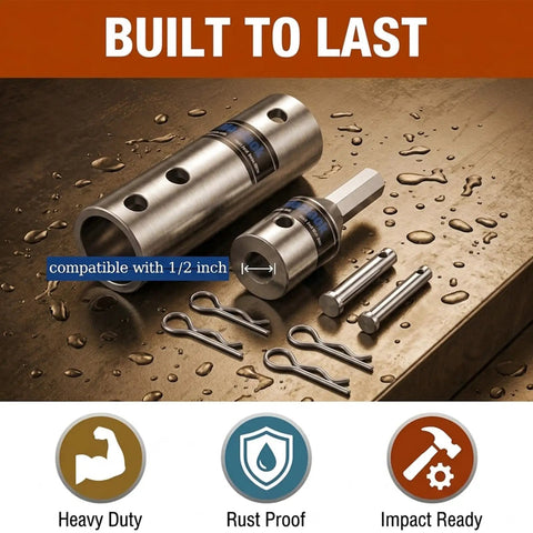 Heavy Duty Two In One Trailer Jack Drill Adapter For One Inch And Half Inch Drive Shafts Straight Up stainless steel connectors and pins