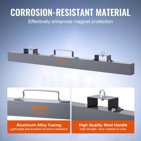 Absolute Beast 93 Pound Hanging Magnetic Sweeper Mounts To Forklifts And Overhead Rigs Heavy Duty Metal Pickup Tool showing aluminum alloy casing.