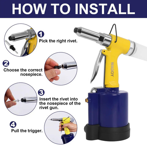Heavy Duty Air Rivet Gun With Fifty Pop Rivets And Five Swappable Nosepieces Built For Auto And Marine Gear Pulls Heavy Loads Without Breaking A Sweat Or Ripping Your Nails Off