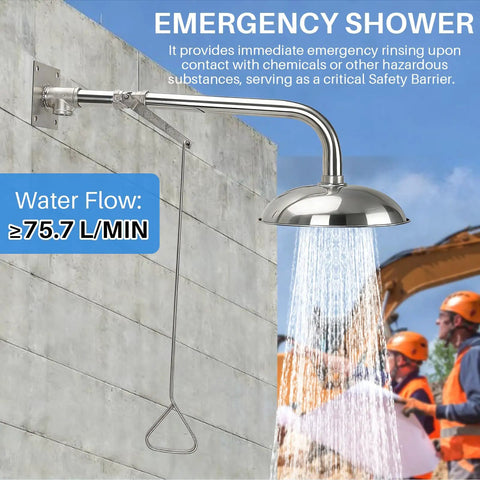 Heavy Duty Rock Solid Wall Mount Emergency Drench Shower Station With Horizontal Npt Thread Drench Head For Lab Factory Workshop Chemical Safety Flush System