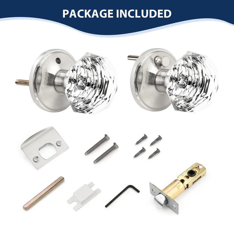 Five Pack Privacy Door Knobs With Clear Glass Handles In Satin Nickel Finish, Crystal Interior Door Hardware Set Displayed
