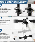 Heavy Duty Metal Fish Tape And Mule Tape Wire Puller Featuring Secure One Way Locking Pawl; demonstrated 3-step operation with hands.