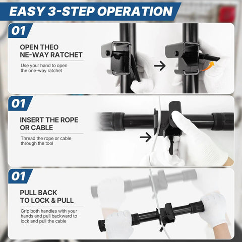 Heavy Duty Metal Fish Tape And Mule Tape Wire Puller Featuring Secure One Way Locking Pawl; demonstrated 3-step operation with hands.