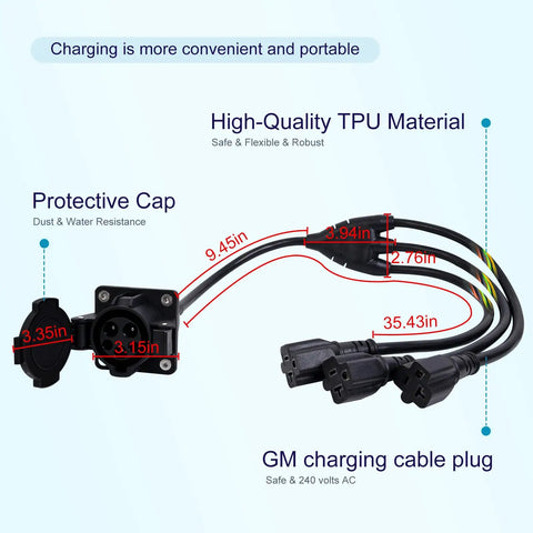 No Sweat J1772 To Nema 5 15 And 5 20 Outlet Adapter With Short Cable Three Way Sockets For 240 Volt AC Chargers showing TPU material and protective cap.