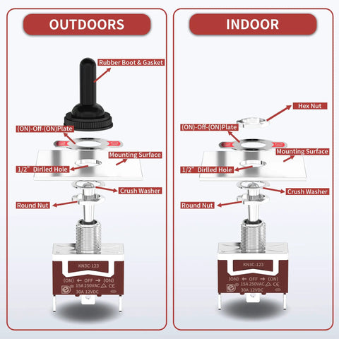 12V 30A 3 Way Waterproof SPDT Toggle Switch ON OFF ON for Marine Boat Winch, Tough As Nails Heavy Duty 12VDC, Durable Electrical Switch, 4 Pack, Waterproof IP67 Marine Grade Switches for Auto Boat Use with rubber boot and mounting hardware