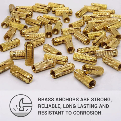 Brass Drop-In Anchors For Masonry, 13/32 Inch By 1-1/4 Inch M10 x 32 mm, shown in a pile, durable brass material
