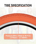 Close-up of an orange 20x2.35 bike tire showing tread pattern and max pressure, part of 20x2.35 Bike Tire Set For BMX MTB Orange Folding Replacement Tire Includes 2 Tires 2 Tubes And 2 Levers Fits 64-406 Wheels Great For Kids BMX And Mountain Bikes Commuter Ready