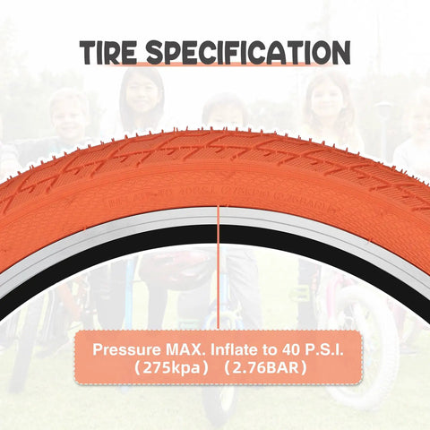 Close-up of an orange 20x2.35 bike tire showing tread pattern and max pressure, part of 20x2.35 Bike Tire Set For BMX MTB Orange Folding Replacement Tire Includes 2 Tires 2 Tubes And 2 Levers Fits 64-406 Wheels Great For Kids BMX And Mountain Bikes Commuter Ready