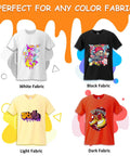 Four t-shirts in white, black, light, and dark fabrics with printed designs, illustrating DTF Transfer Film Paper A4 20 Sheets Premium PET use.