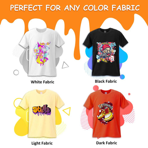 Four t-shirts in white, black, light, and dark fabrics with printed designs, illustrating DTF Transfer Film Paper A4 20 Sheets Premium PET use.