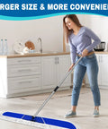 Pro Level Commercial Dust Mop Featuring A Telescopic Stainless Handle And Hella Absorbent Blue Cotton Pad For Quick Floor Sweep and Tight Dust Removal On Hardwood Floors Today in use in a kitchen.