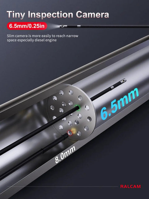 Dual Lens Articulating Borescope With Light Slim Probe And 5 Inch IPS Screen High-Res Imaging For Front And Side Angle Inspections In Engines Pipes And Machinery Time-Saving See Blind Spots And Repositioning Avoided. 6.5mm probe in metal pipe