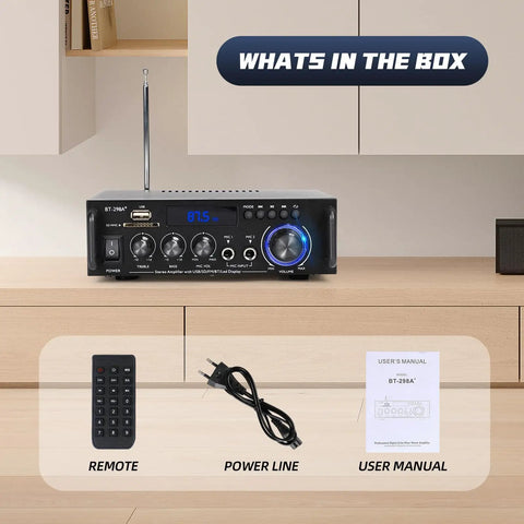 Powerful 300W Stereo Amplifier System With Bluetooth 5.0 Wireless showing remote, power line, and user manual on a shelf