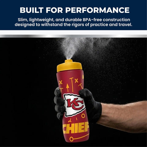 Hand holding NFL Football Squeeze Bottle 32 Ounce Hydration Bottle For Sports Kids And Adults Easy Squeeze Design Kansas City Chiefs