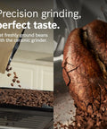 Close-up of coffee beans being ground for fully automatic coffee and espresso machine with 35 drink menu double cup barista style.