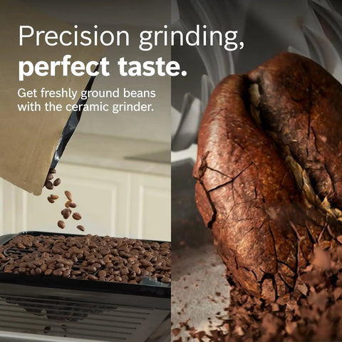 Close-up of coffee beans being ground for fully automatic coffee and espresso machine with 35 drink menu double cup barista style.