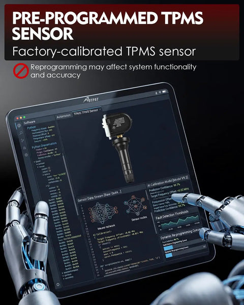 Top Shelf Pre Programmed Tpms Tire Pressure Sensor 315Mhz Replacement Oe 13598771 shown on tablet with robotic hand.