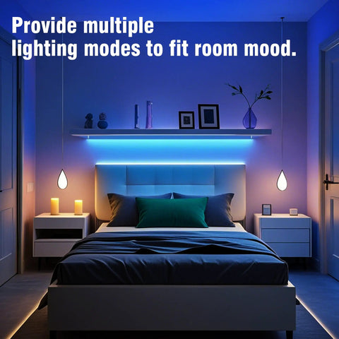 Bedroom with blue LED lighting from 50 Ft Led Strip Lights For Bedroom Color Changing Kit With Bluetooth App Control And IR Remote Lit RGB Music Sync