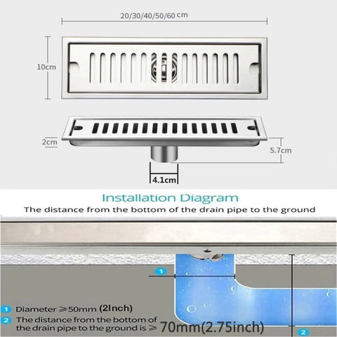 Top Shelf Rectangular Linear Shower Drain In Rust Resistant 304 Stainless Steel With No Sweat Hair Catcher Grate Slick Gold Tone 10X60CM installation diagram