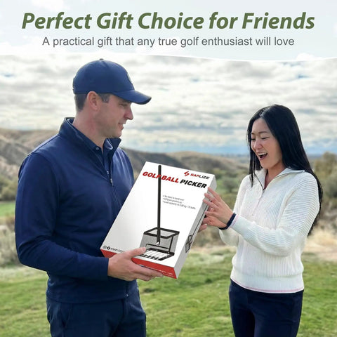 Two people exchanging No Bend Golf Ball Picker Upper With Turf Friendly Design For Backyard Practice And Training Quick Ball Retrieval Large Capacity Holder Easy On The Lawn Classic Black with box