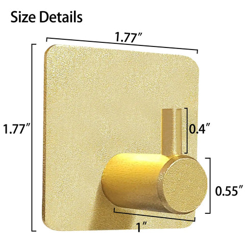 Gold Heavy Duty Self Adhesive Hooks 4 Pack Wall Mounted For Towel Key Coat Hat Robe Clothes Waterproof Aluminum No Drilling Required with size details