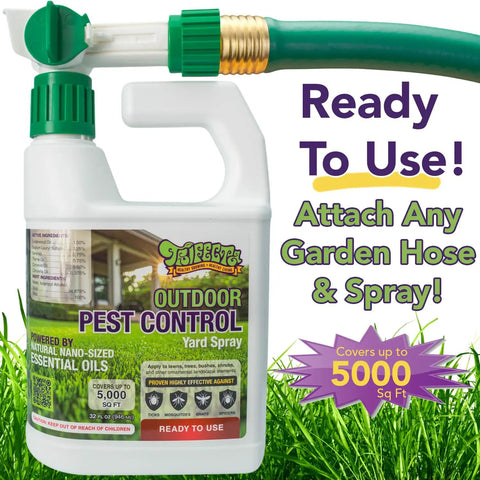Natural Outdoor Pest Control Yard Spray With Essential Oils Kills On Contact Mosquitoes Ants Fleas Ticks Gnats And More Provides Killer Repellent Power For A Safer Backyard Safe Around Kids And Pets 32 Oz bottle with garden hose attachment
