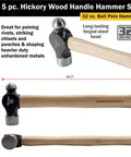 32oz ball pein hammer with forged steel head and American hickory handle from 5-Piece Hammer Set With American Hickory Handles And Forged Steel Heads, Heavy-Duty Build Includes 16oz And 32oz Ball Pein Hammers, 16oz Rubber Mallet, 3Lb Sledge, And 3Lb Cross Pein For Home Shop Pro Projects.