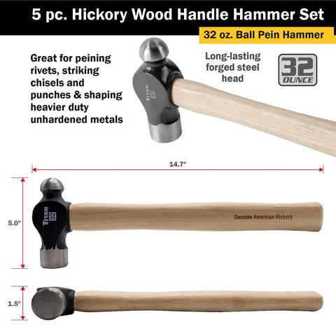 32oz ball pein hammer with forged steel head and American hickory handle from 5-Piece Hammer Set With American Hickory Handles And Forged Steel Heads, Heavy-Duty Build Includes 16oz And 32oz Ball Pein Hammers, 16oz Rubber Mallet, 3Lb Sledge, And 3Lb Cross Pein For Home Shop Pro Projects.